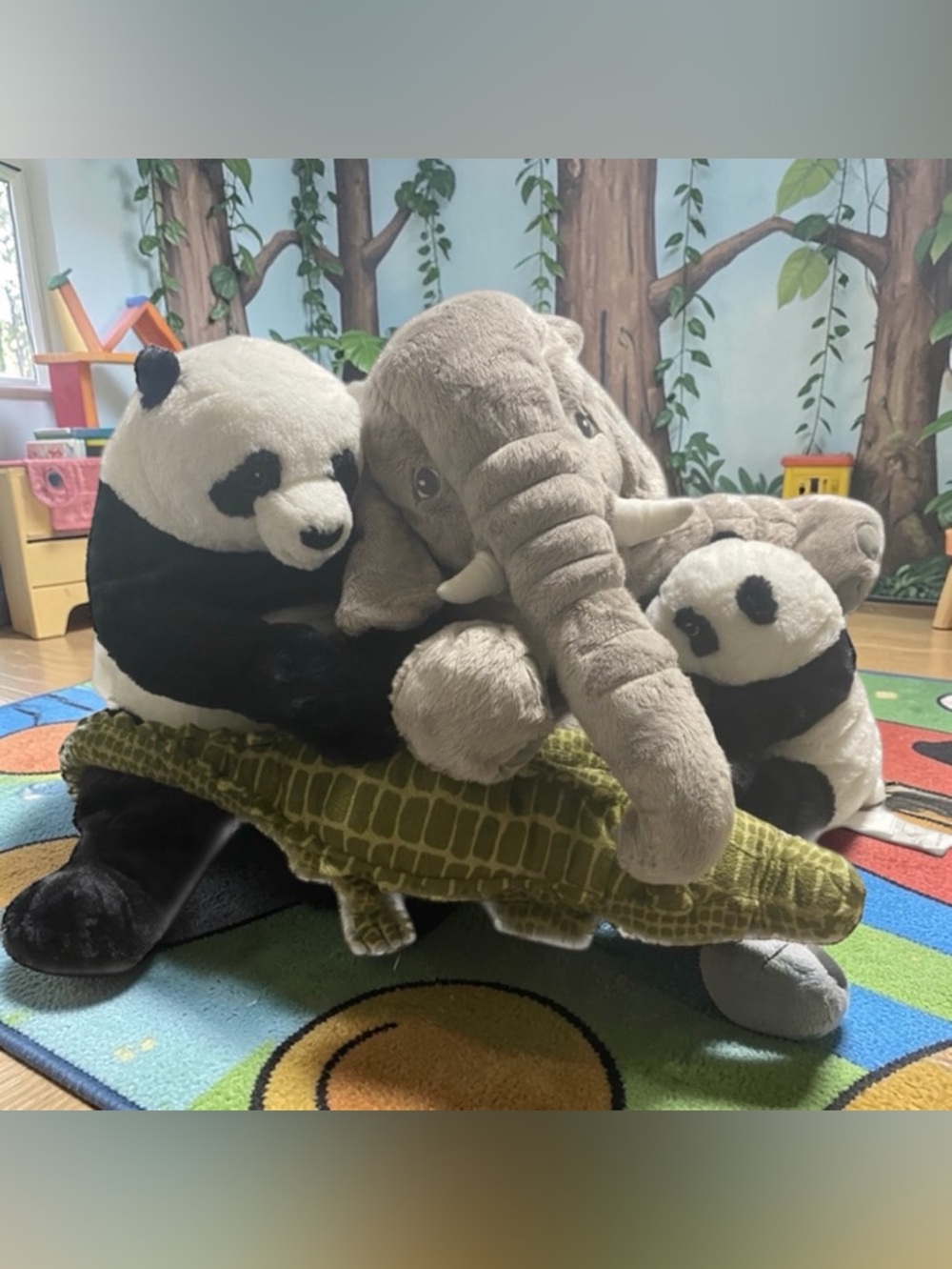 IKEA Plush Elephant, crocodile, Two Panda Companions - Gray, Black, White, Green